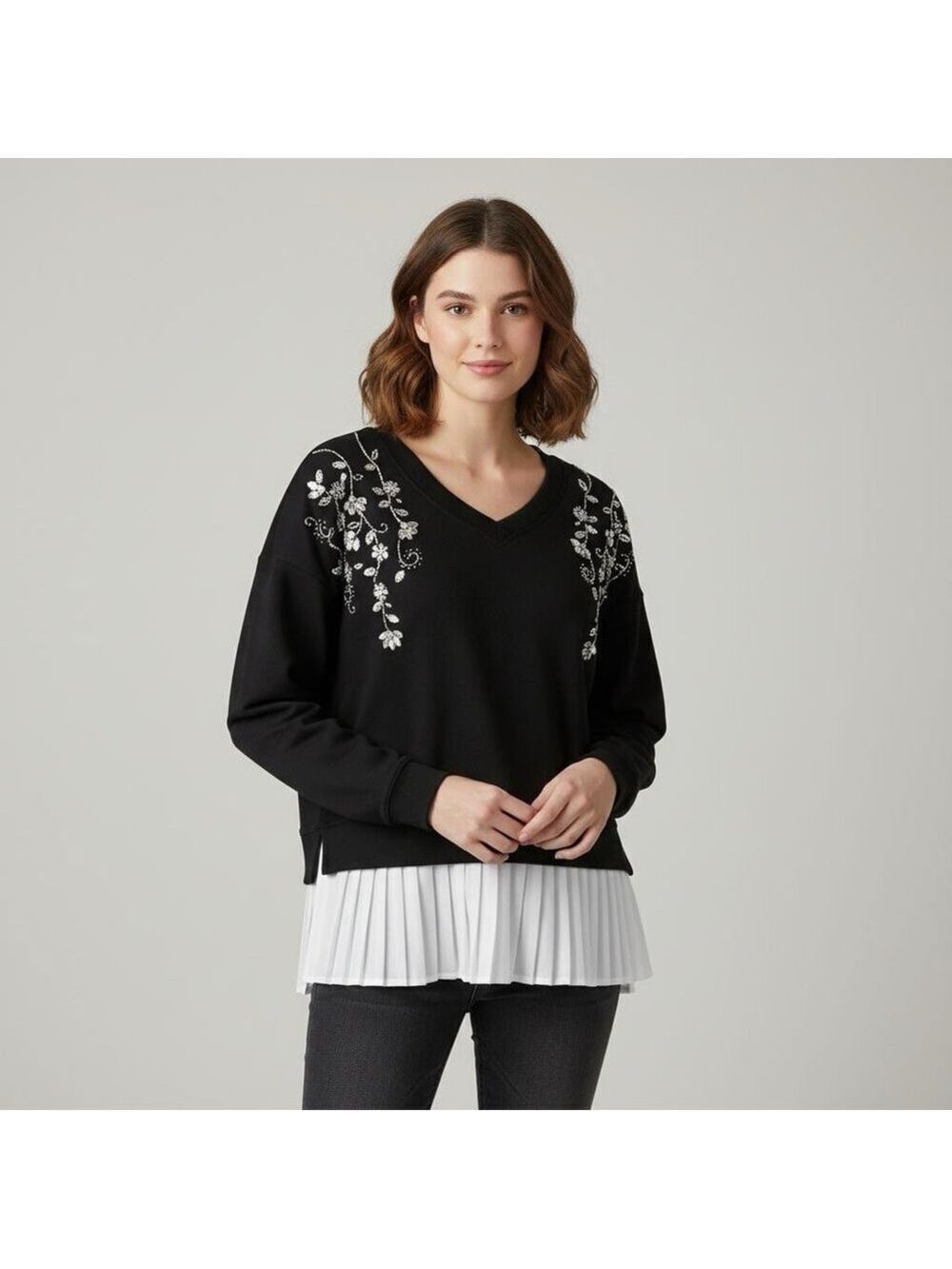 Anthropologie Calligraphie Rhinestones Embellished Cotton Sweatshirt Pleated L